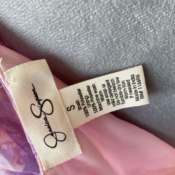 Jessica Simpson Pink & Purple Floral Puff Sleeve Ruffle Dress Size Small - Picture 7 of 7